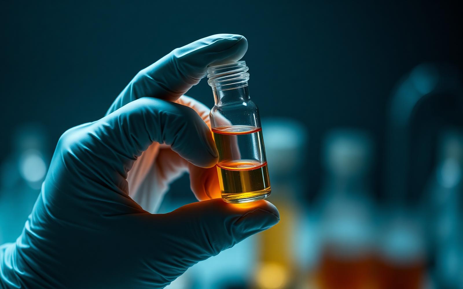 Laboratory researcher examining peptide vial